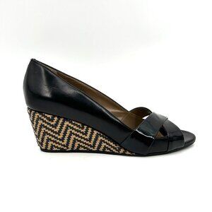 ANYI LU Handmade In Italy Black Leather Peep Toe Chevron Wedge Heels Size 9.5